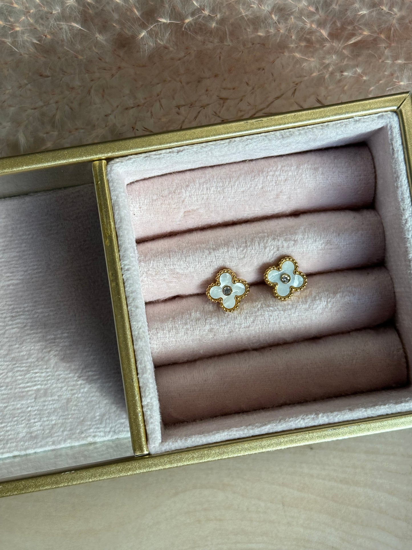 Diamond Clover Studs - White