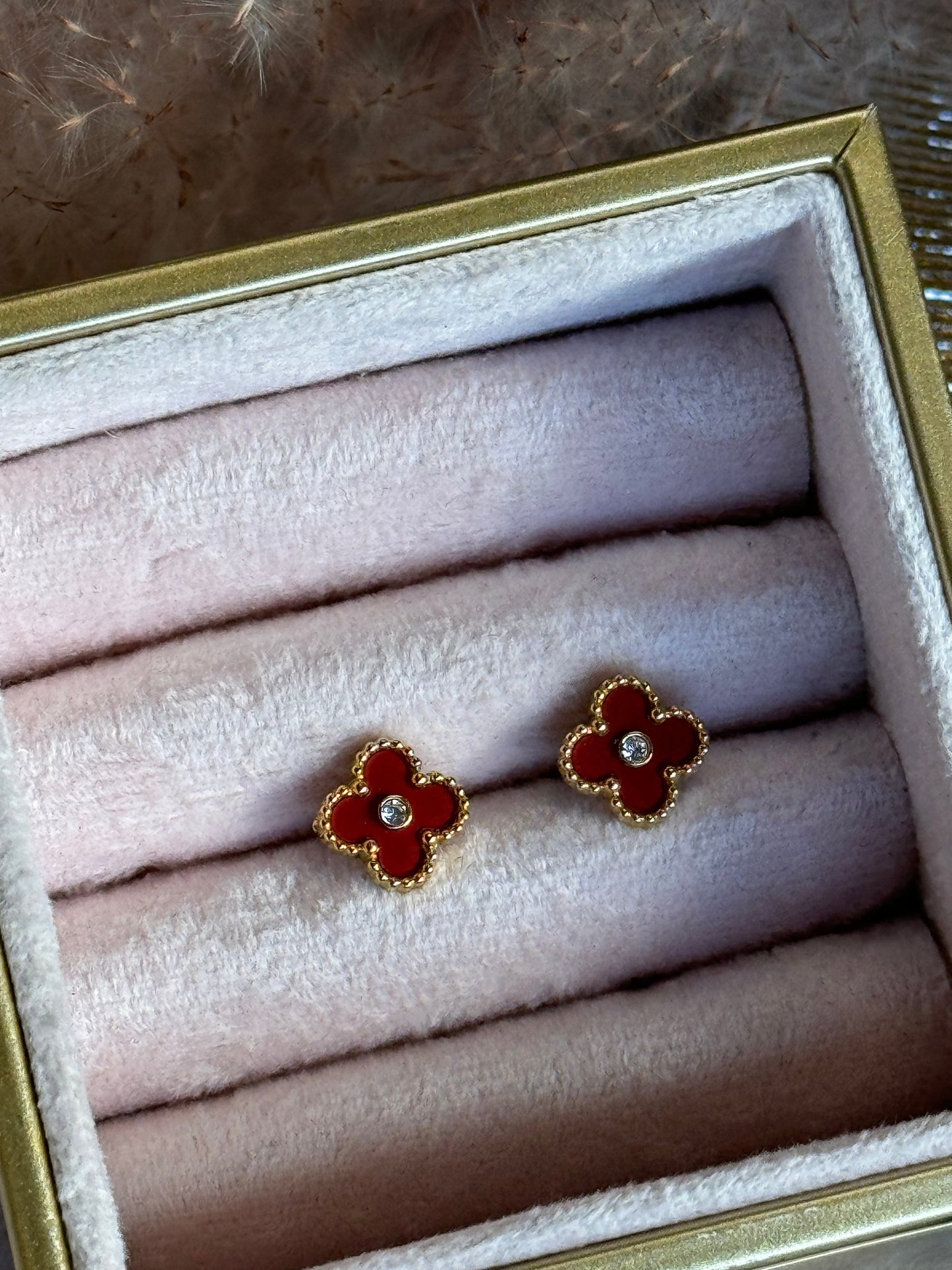 Diamond Clover Studs - Red